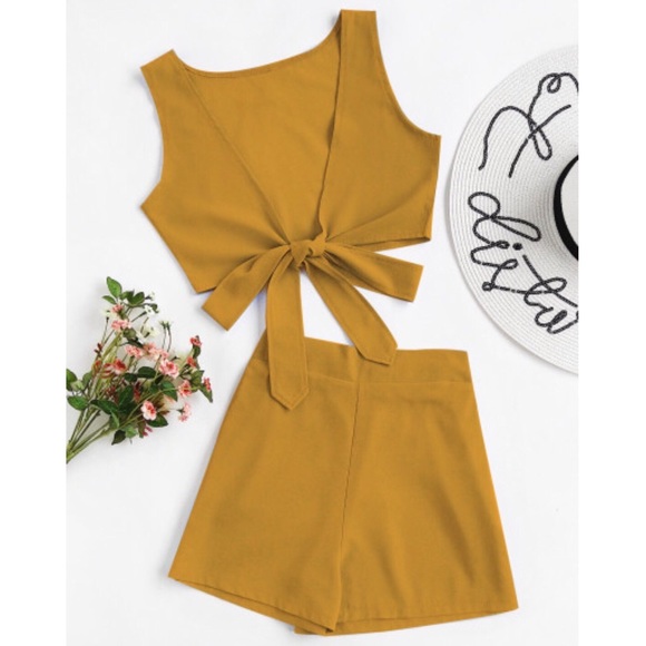 Tops - 2 Piece Front Tie Mustard Yellow Crop Top & Shorts